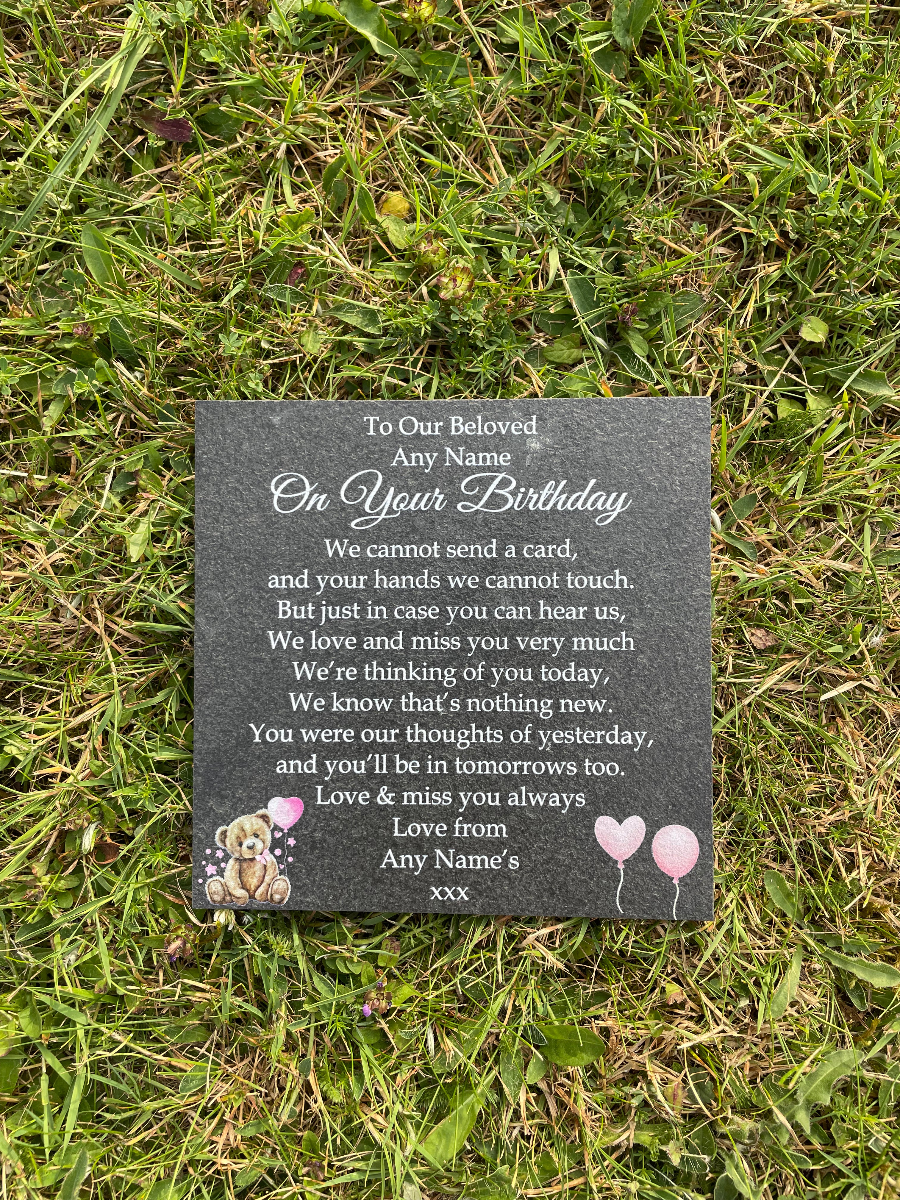 Bear Birthday Memorial plaque Pink Balloons