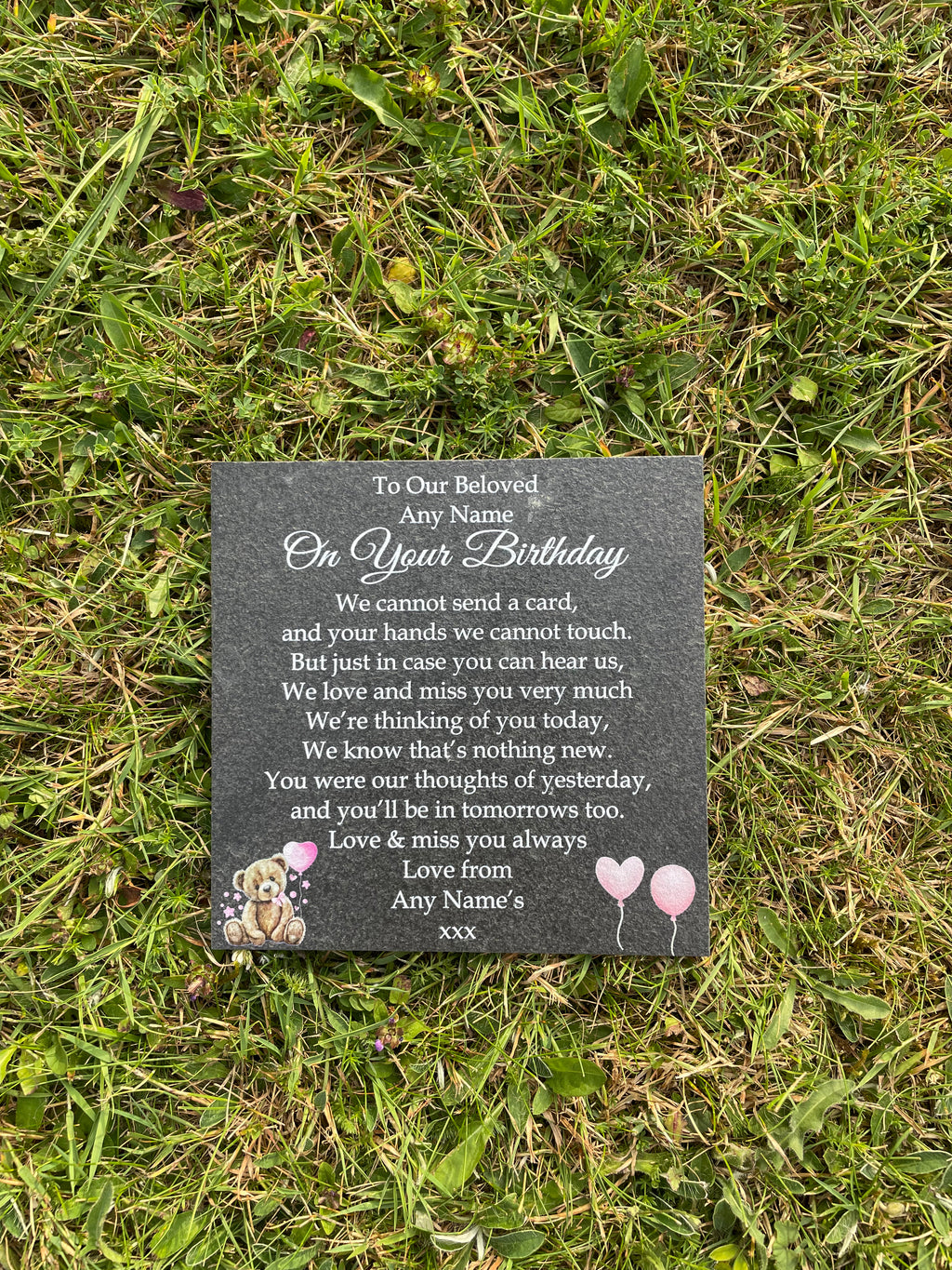 Bear Birthday Memorial plaque Pink Balloons