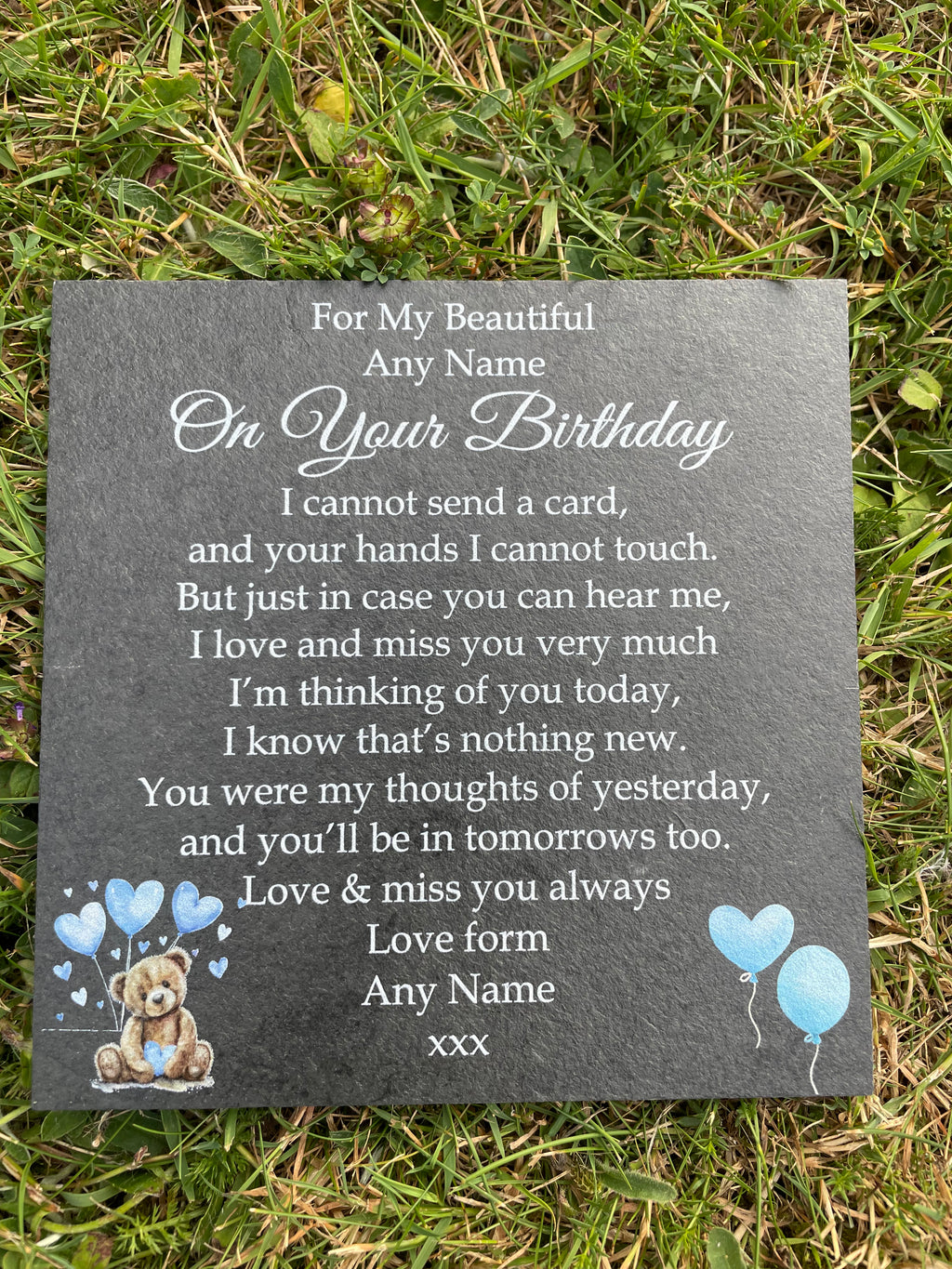 Bear Birthday Memorial plaque 3 Blue Balloons