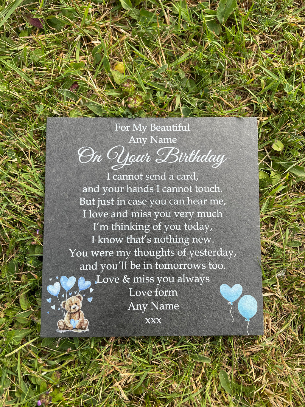 Bear Birthday Memorial plaque 3 Blue Balloons
