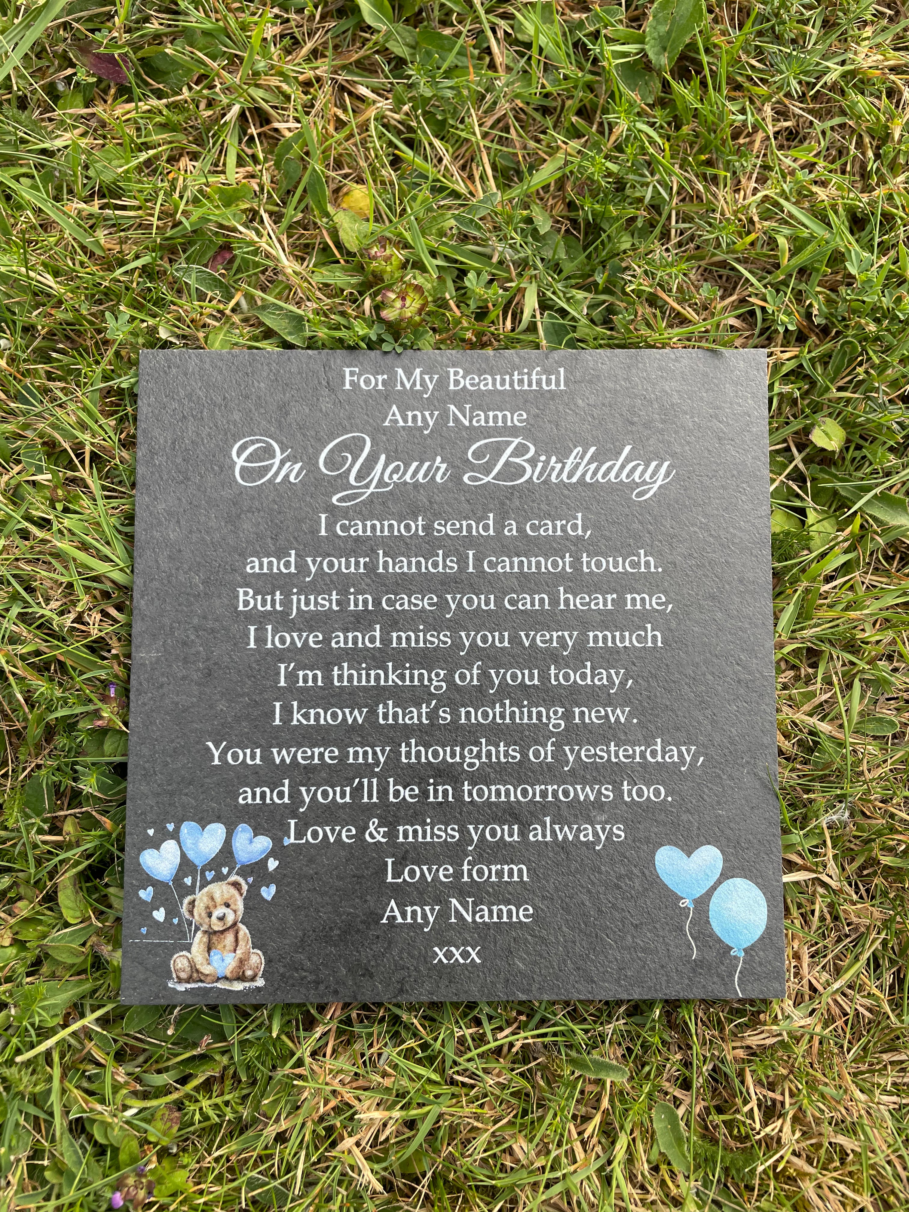 Bear Birthday Memorial plaque 3 Blue Balloons