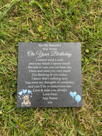 Bear Birthday Memorial plaque 3 Blue Balloons