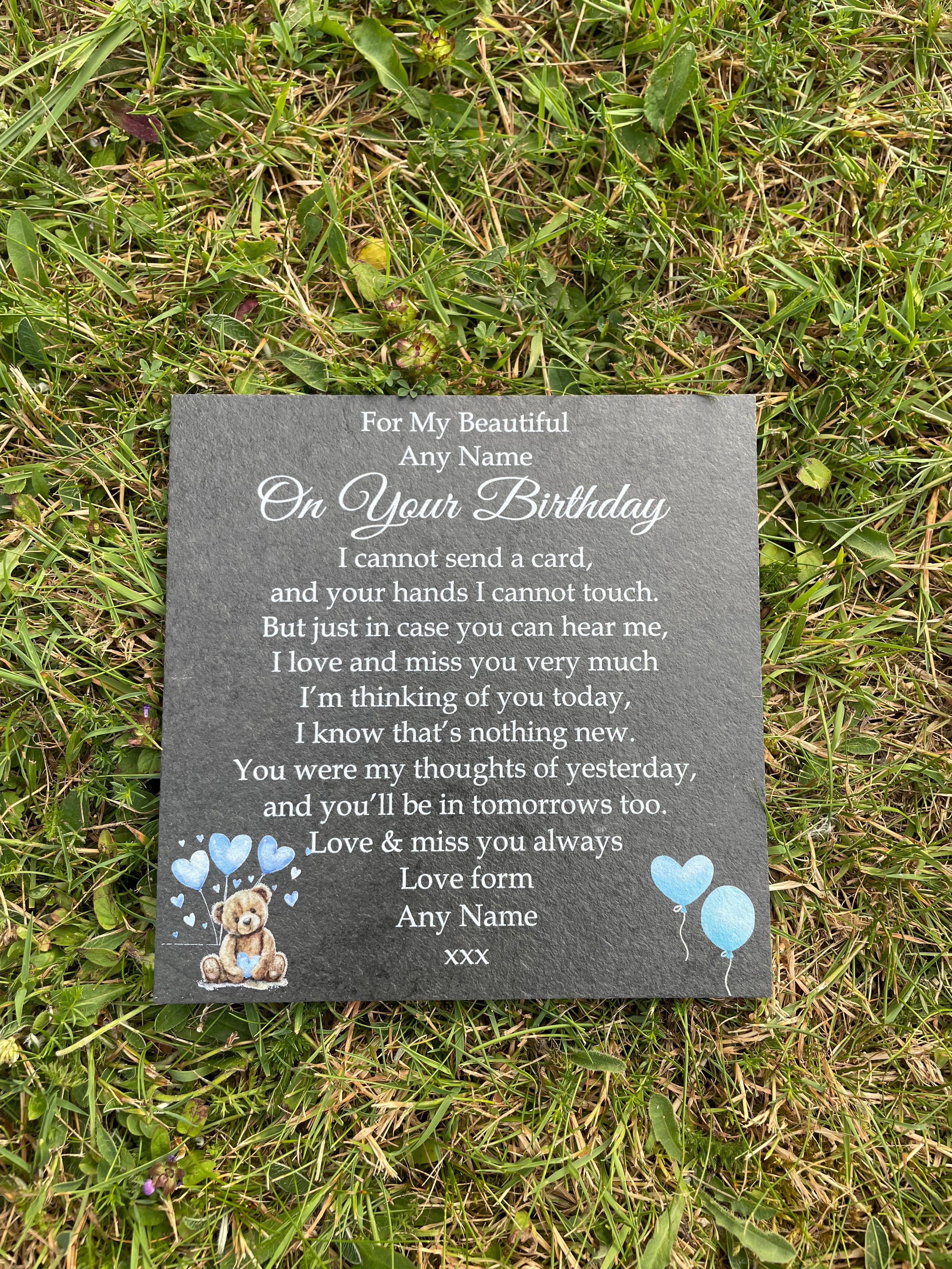 Bear Birthday Memorial plaque 3 Blue Balloons