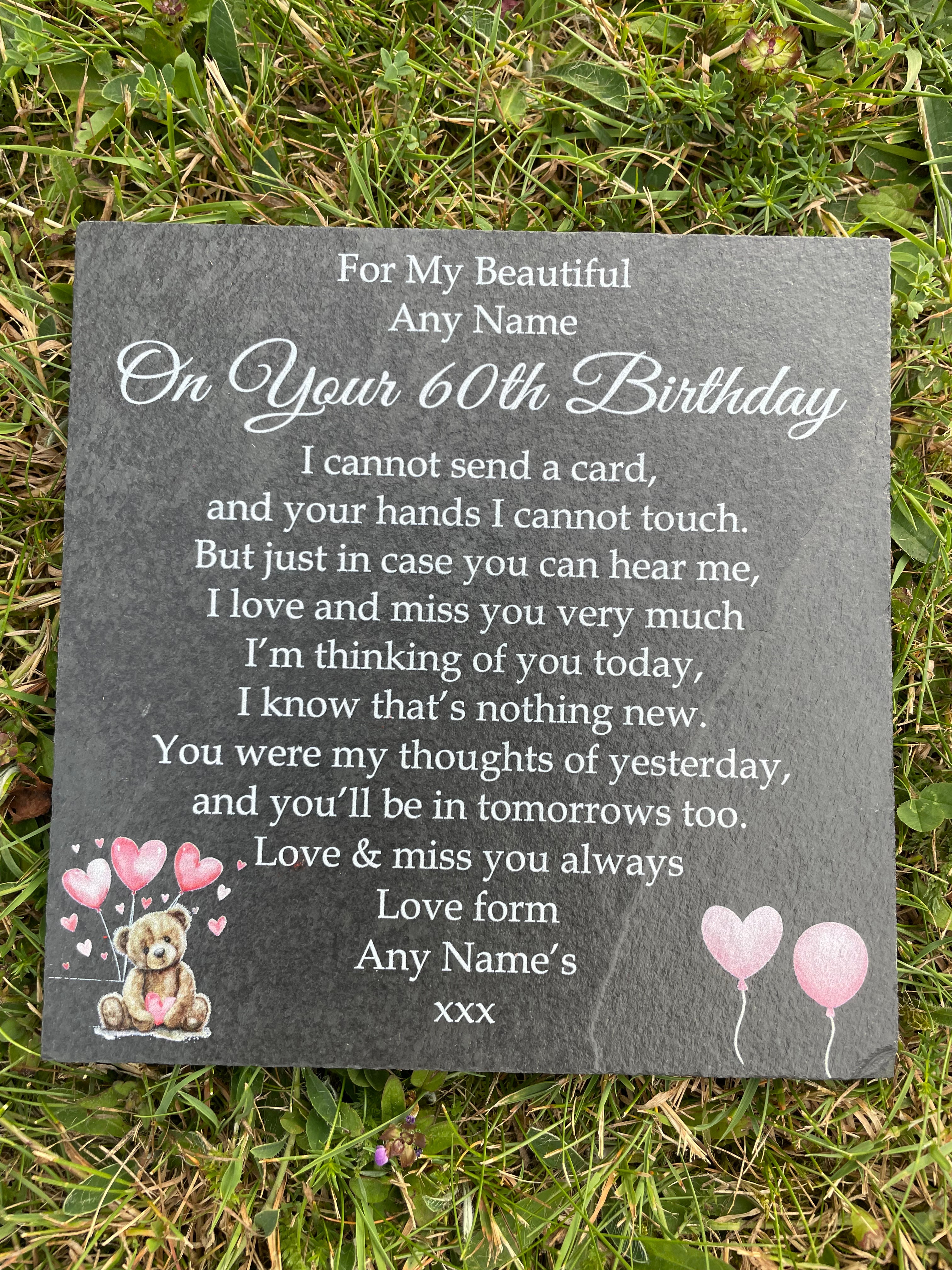 Bear Birthday Memorial plaque 3 Pink Balloons