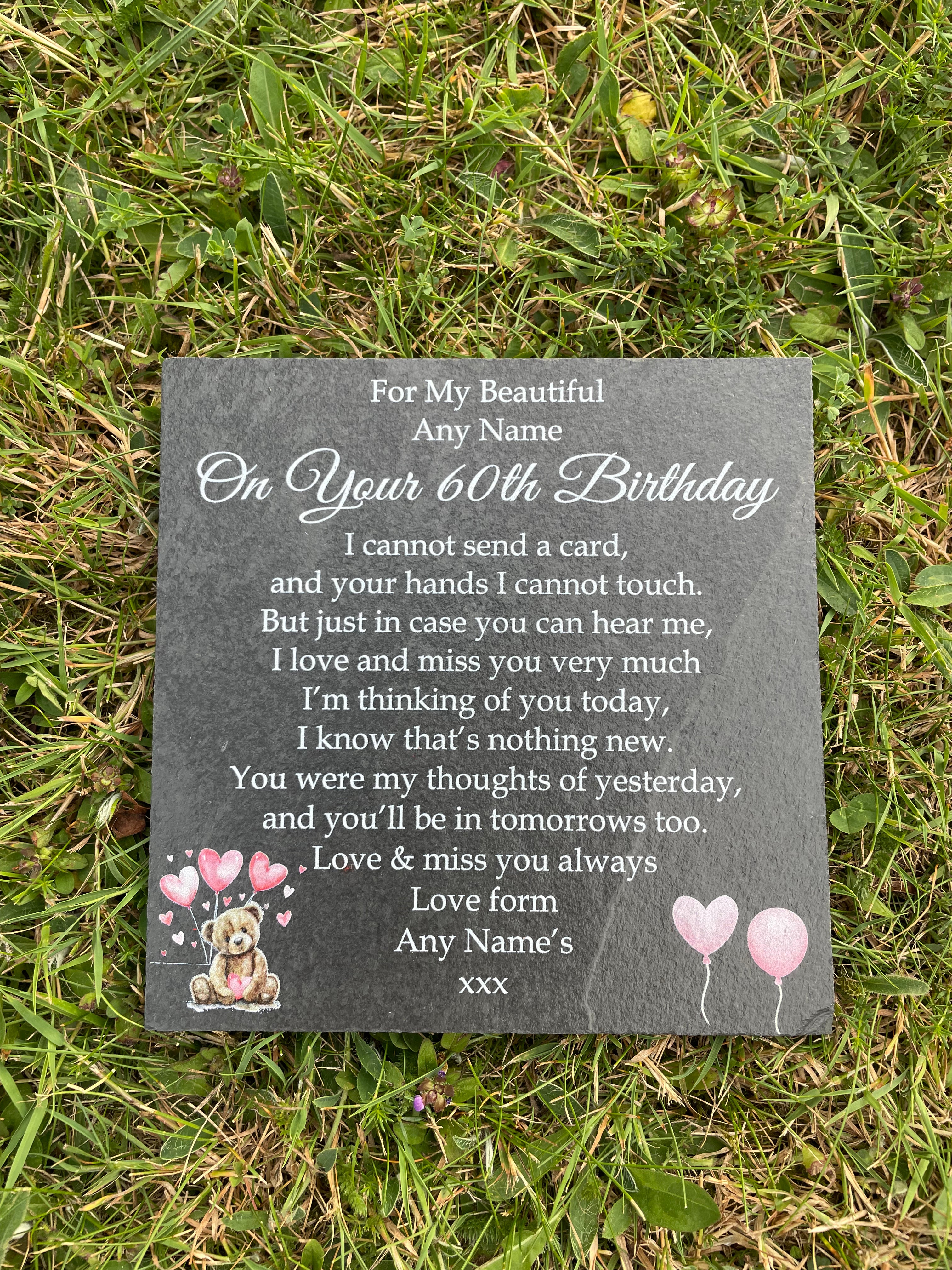 Bear Birthday Memorial plaque 3 Pink Balloons