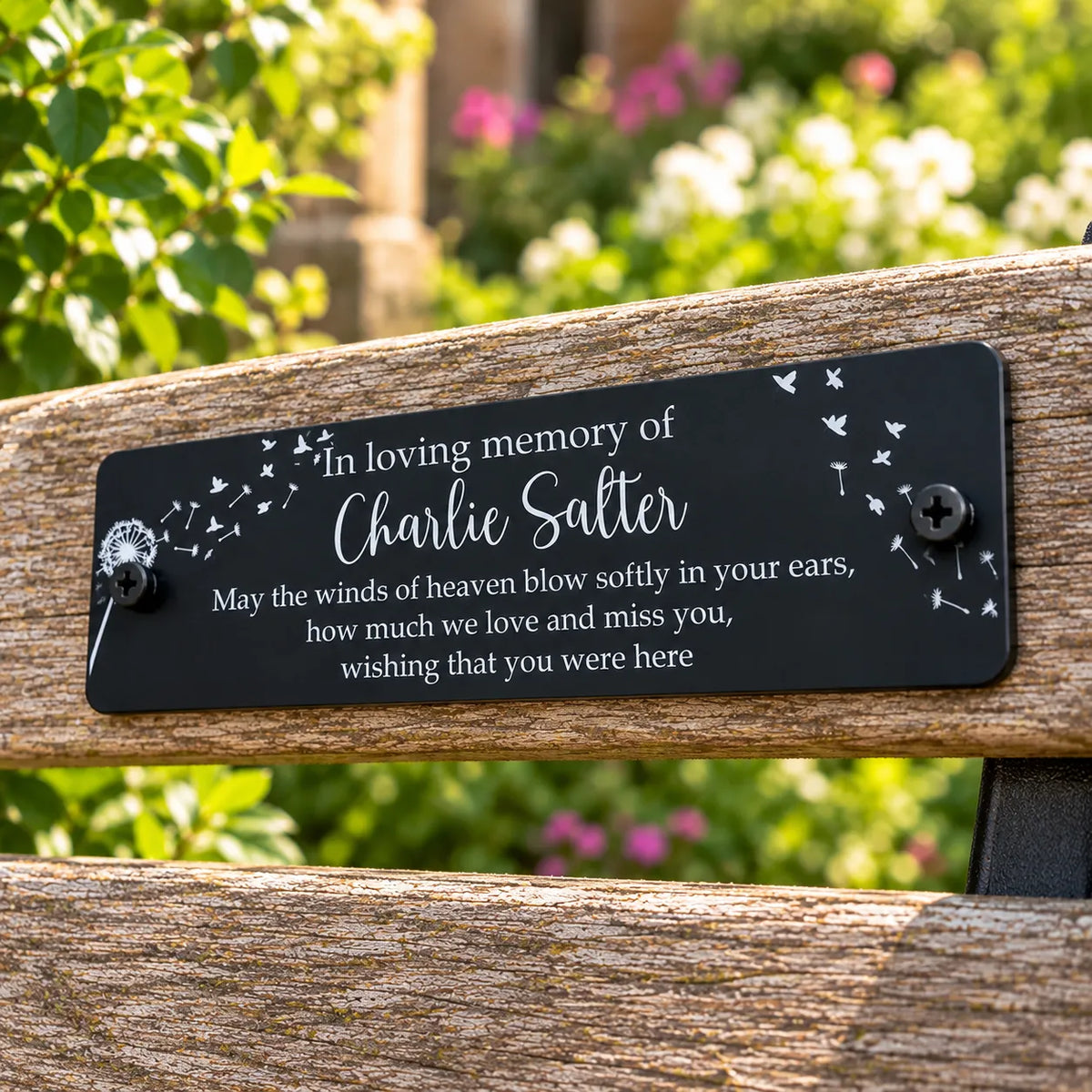 Acrylic bench black dandelion memorial plaque