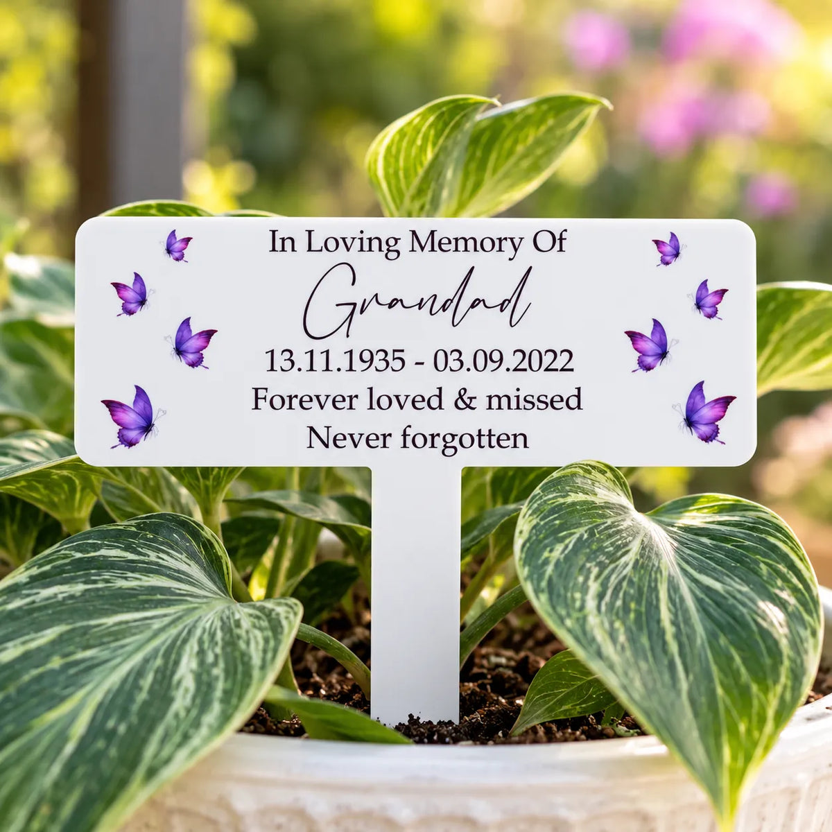 Acrylic Purple Butterflies plant pot memorial plaque