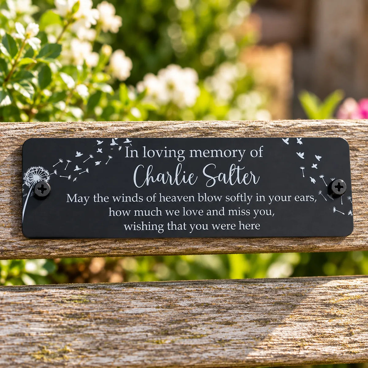 Acrylic bench black dandelion memorial plaque