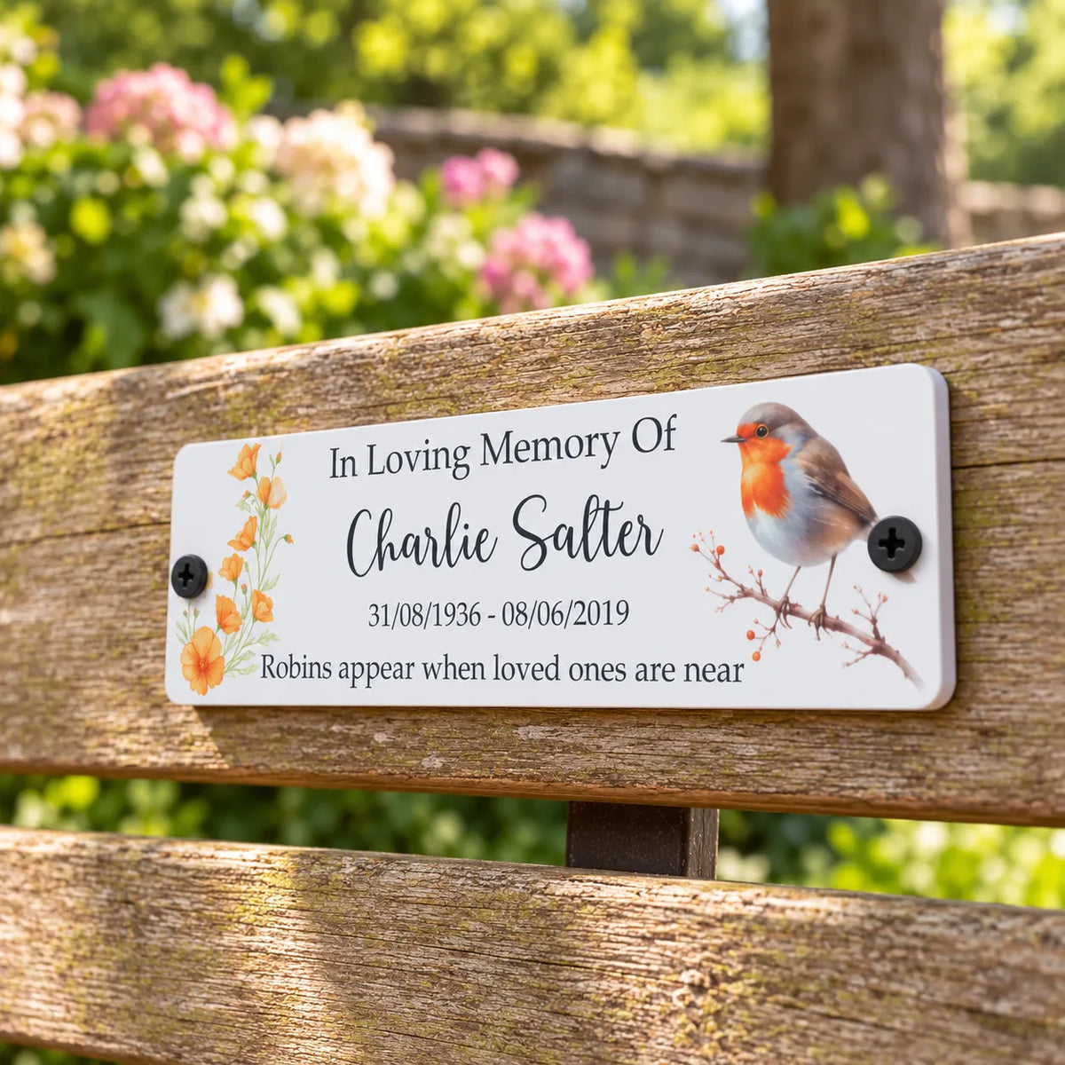 Acrylic bench Robin memorial plaque Cal