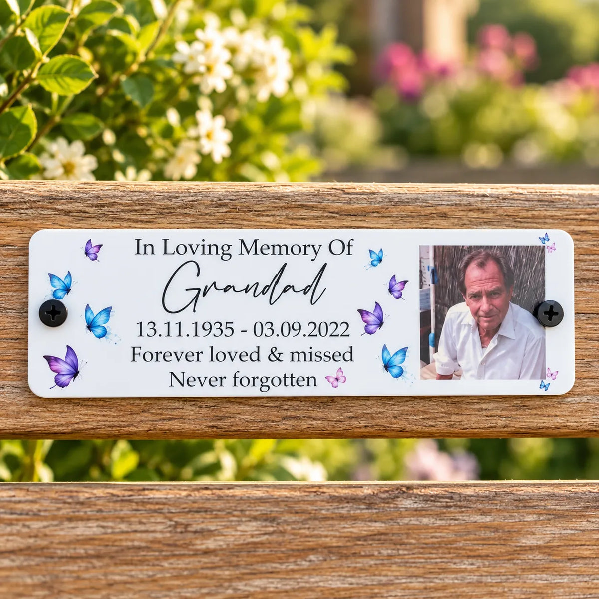 Acrylic bench picture memorial plaque - Butterflies