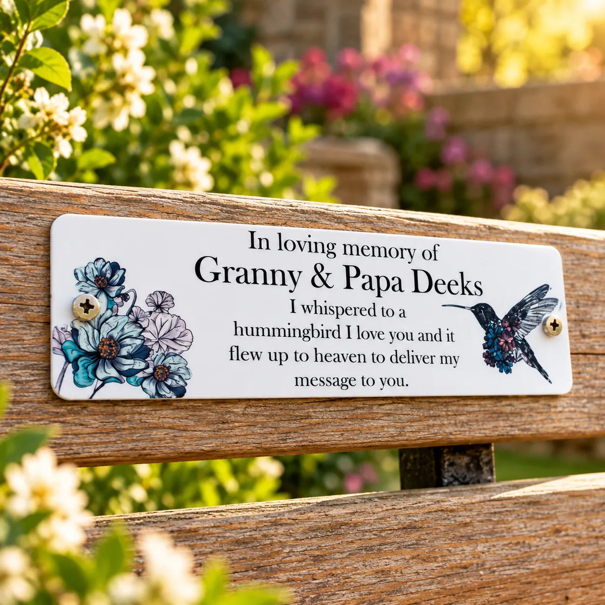 Acrylic hummingbird bench memorial plaque
