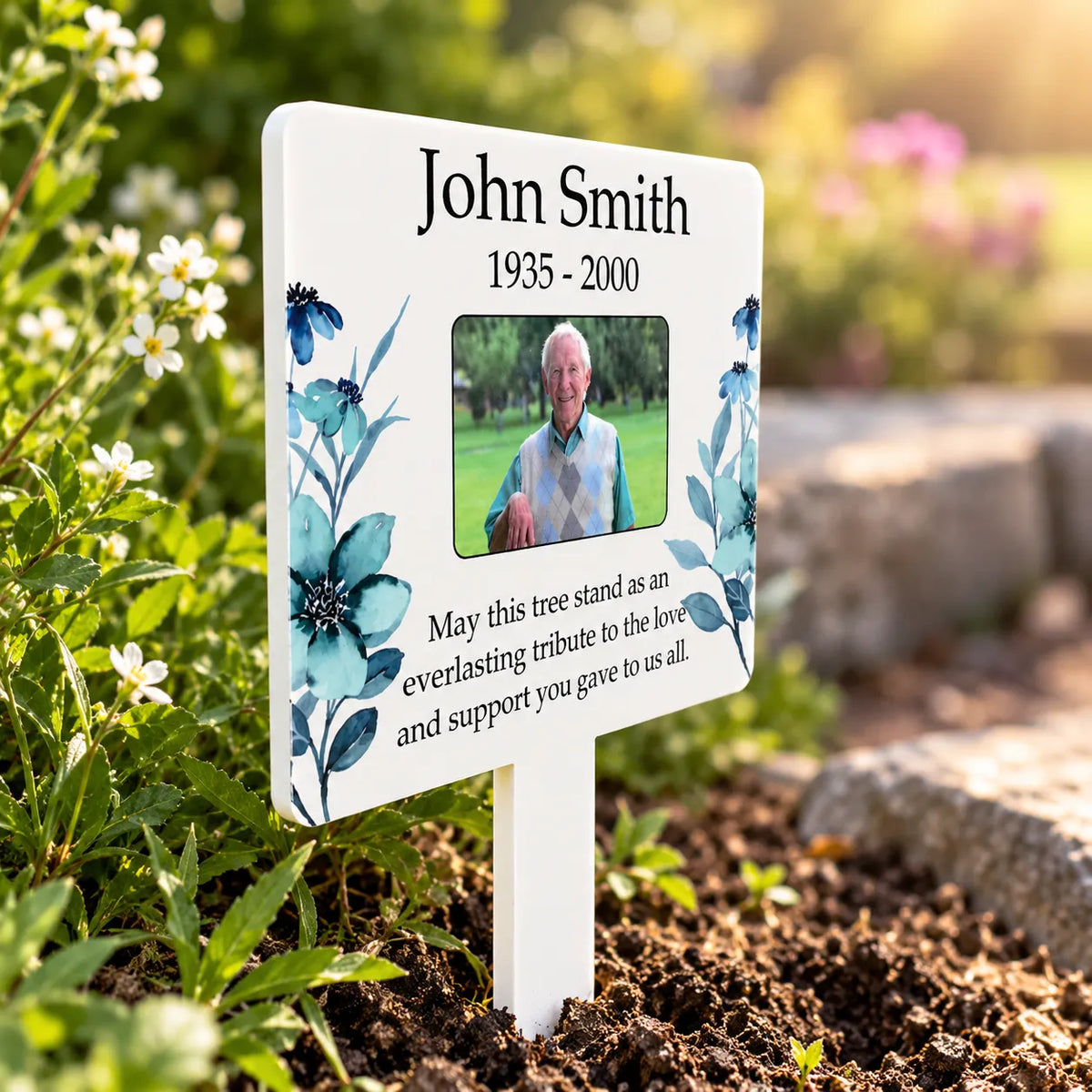 White floral memorial stake