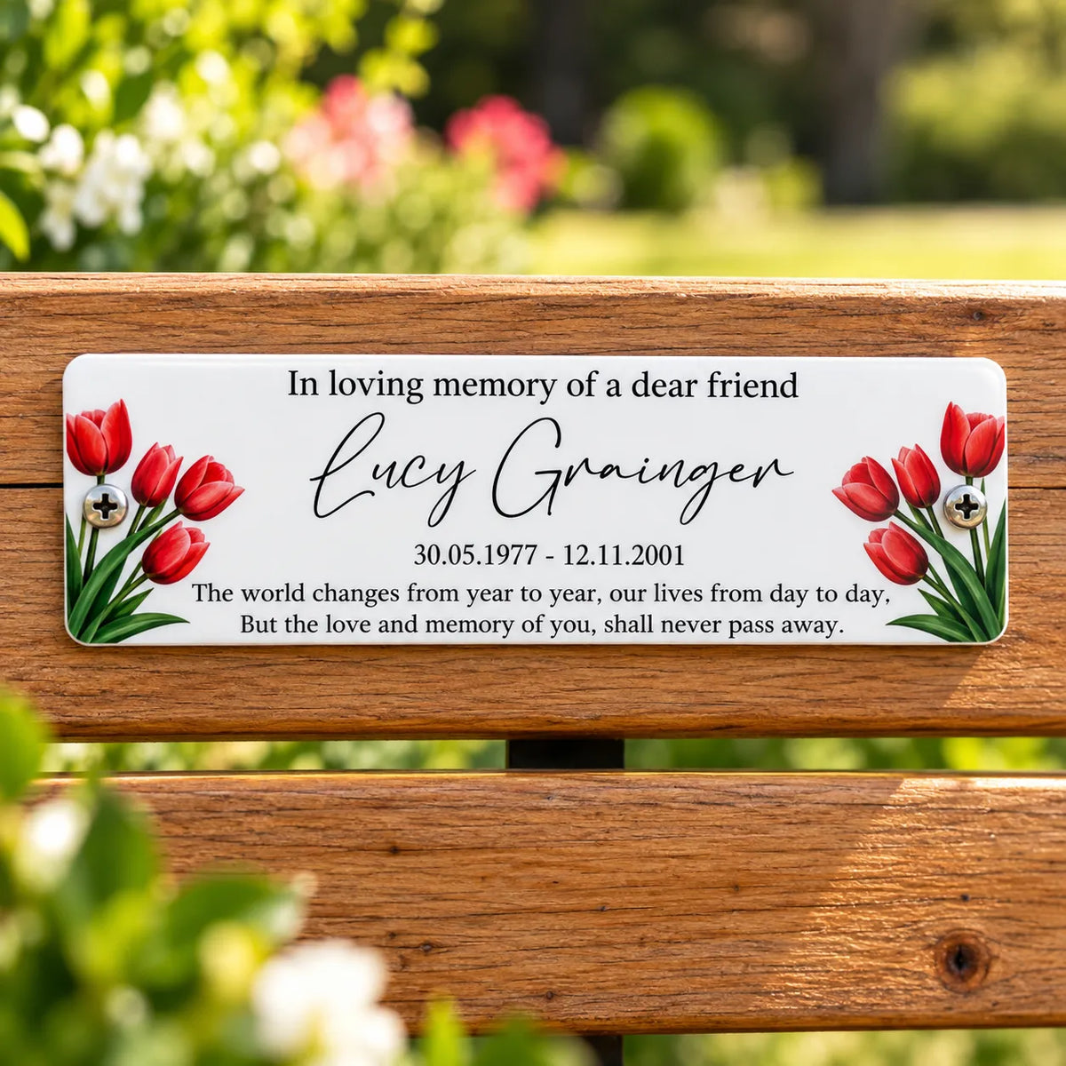 Acrylic tulip bench memorial plaque