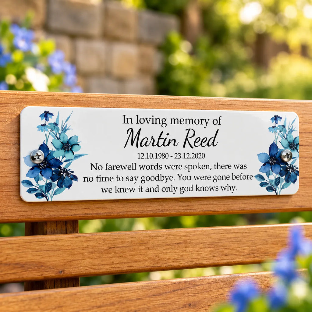 Acrylic blue floral  bench memorial plaque