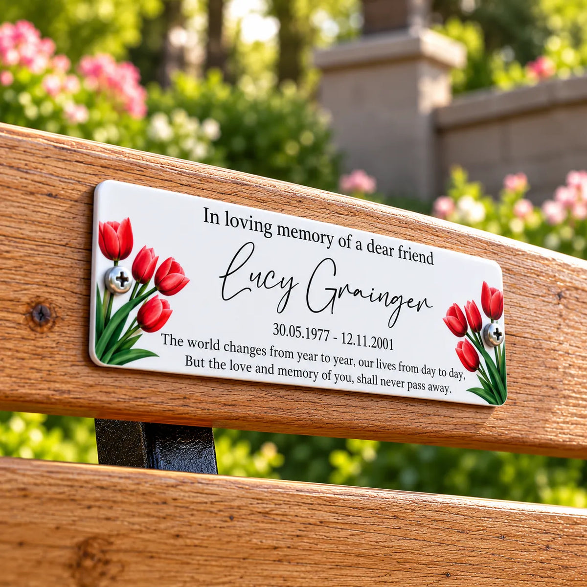 Acrylic tulip bench memorial plaque