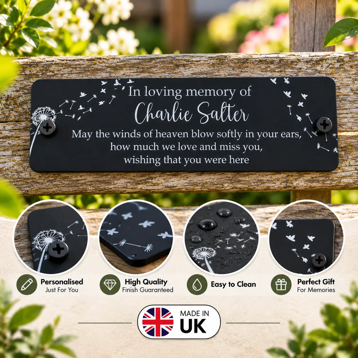 Acrylic bench black dandelion memorial plaque
