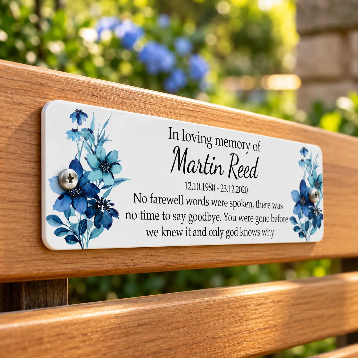 Acrylic blue floral  bench memorial plaque