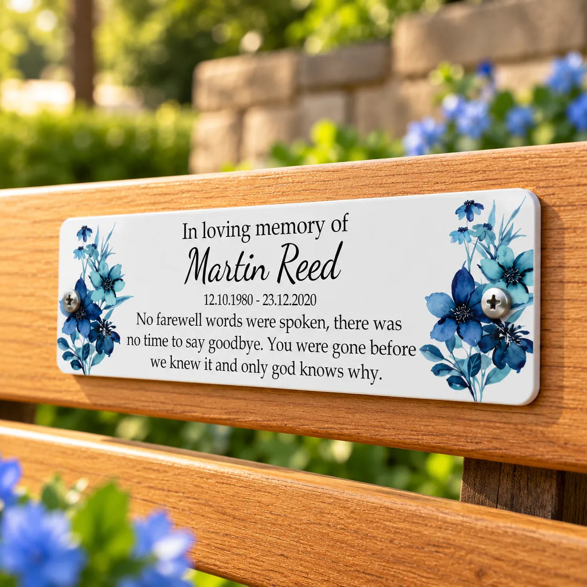 Acrylic blue floral  bench memorial plaque