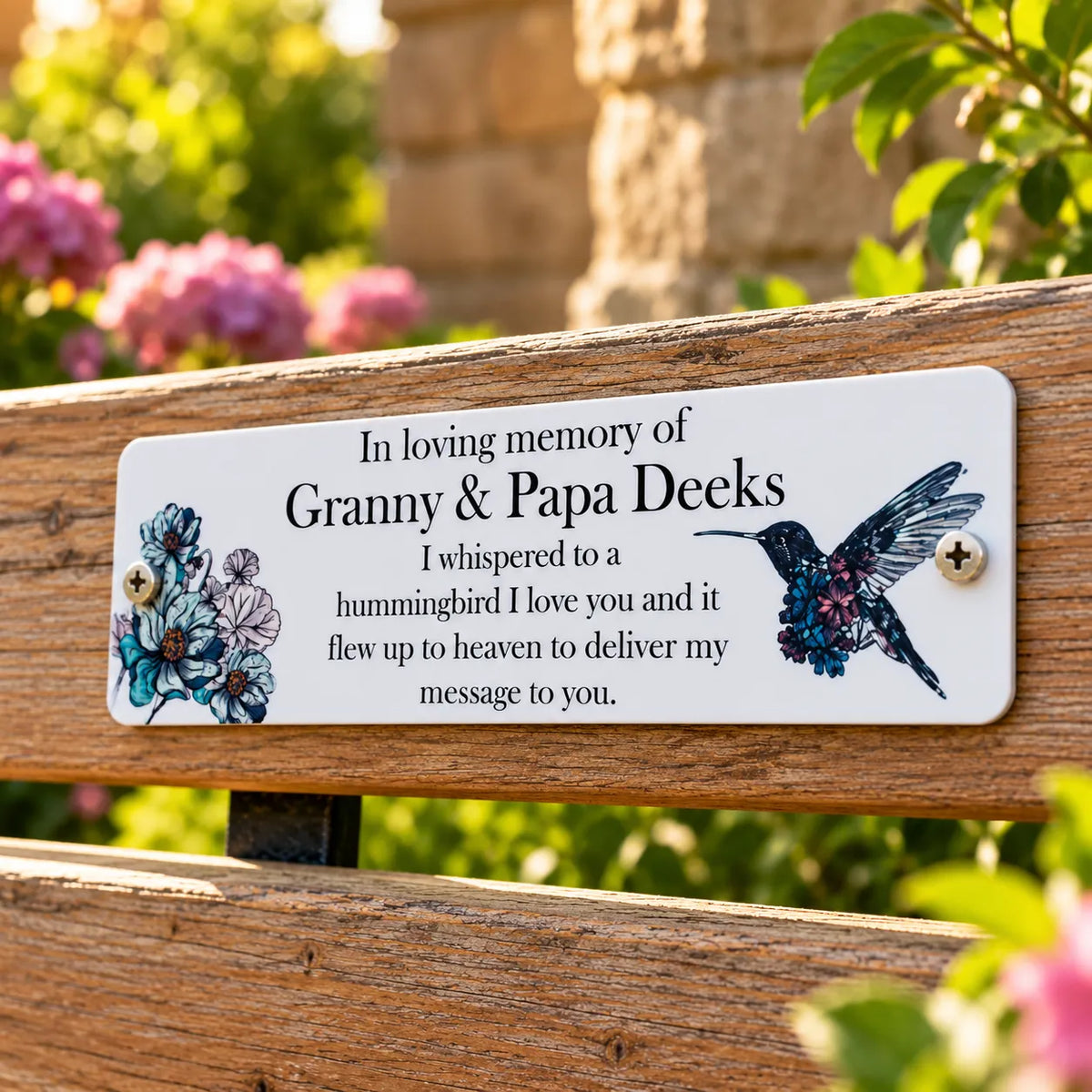 Acrylic hummingbird bench memorial plaque