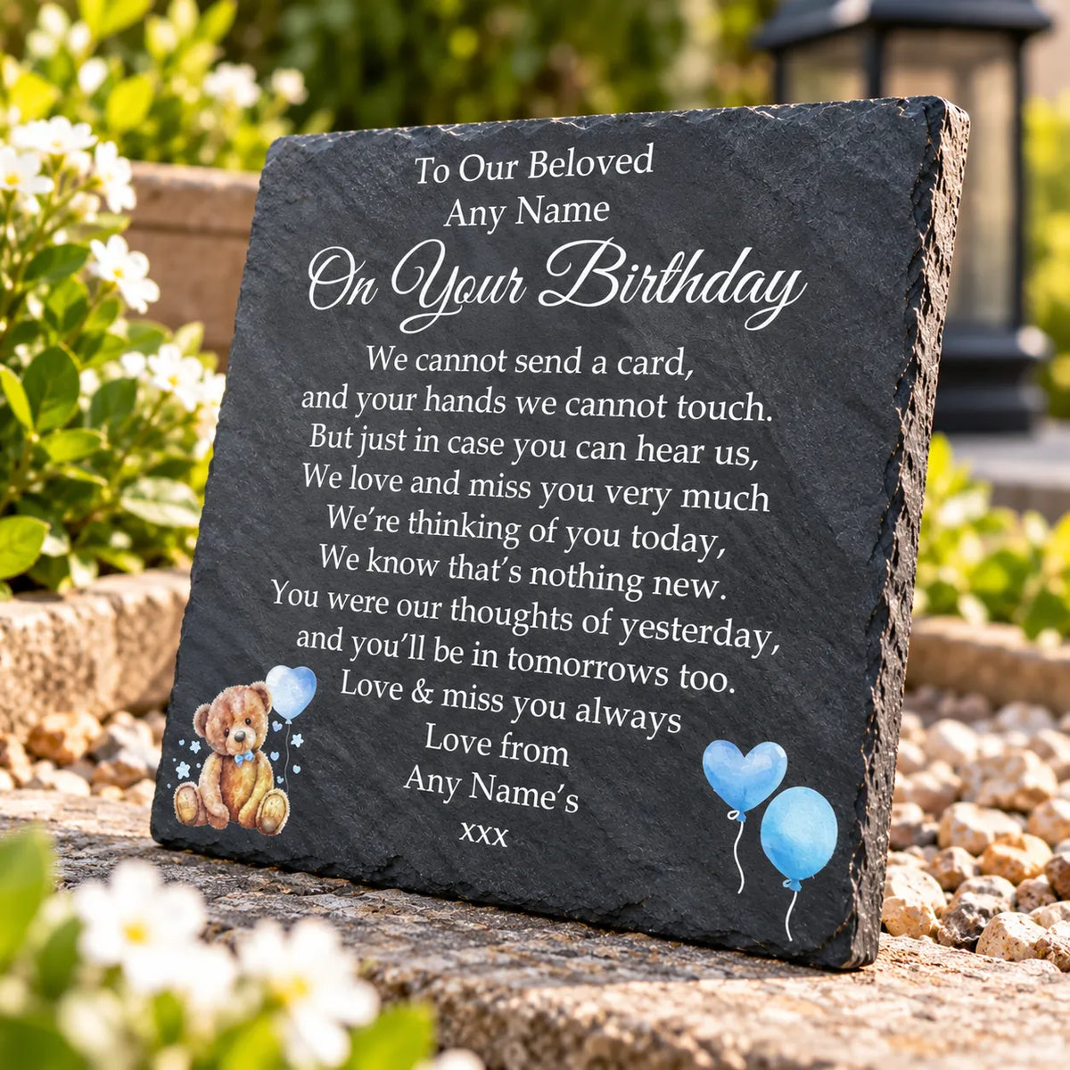 Bear Birthday Memorial plaque Blue Balloons