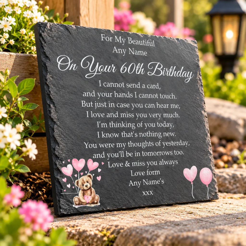 Bear Birthday Memorial plaque 3 Pink Balloons