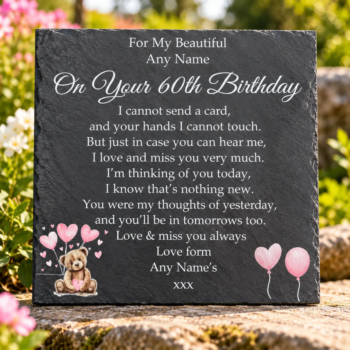 Bear Birthday Memorial plaque 3 Pink Balloons
