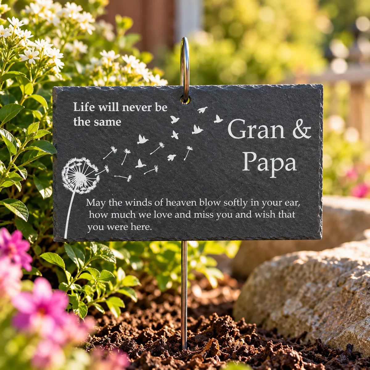 Dandelion Memorial Garden slate plaque with hanging hook