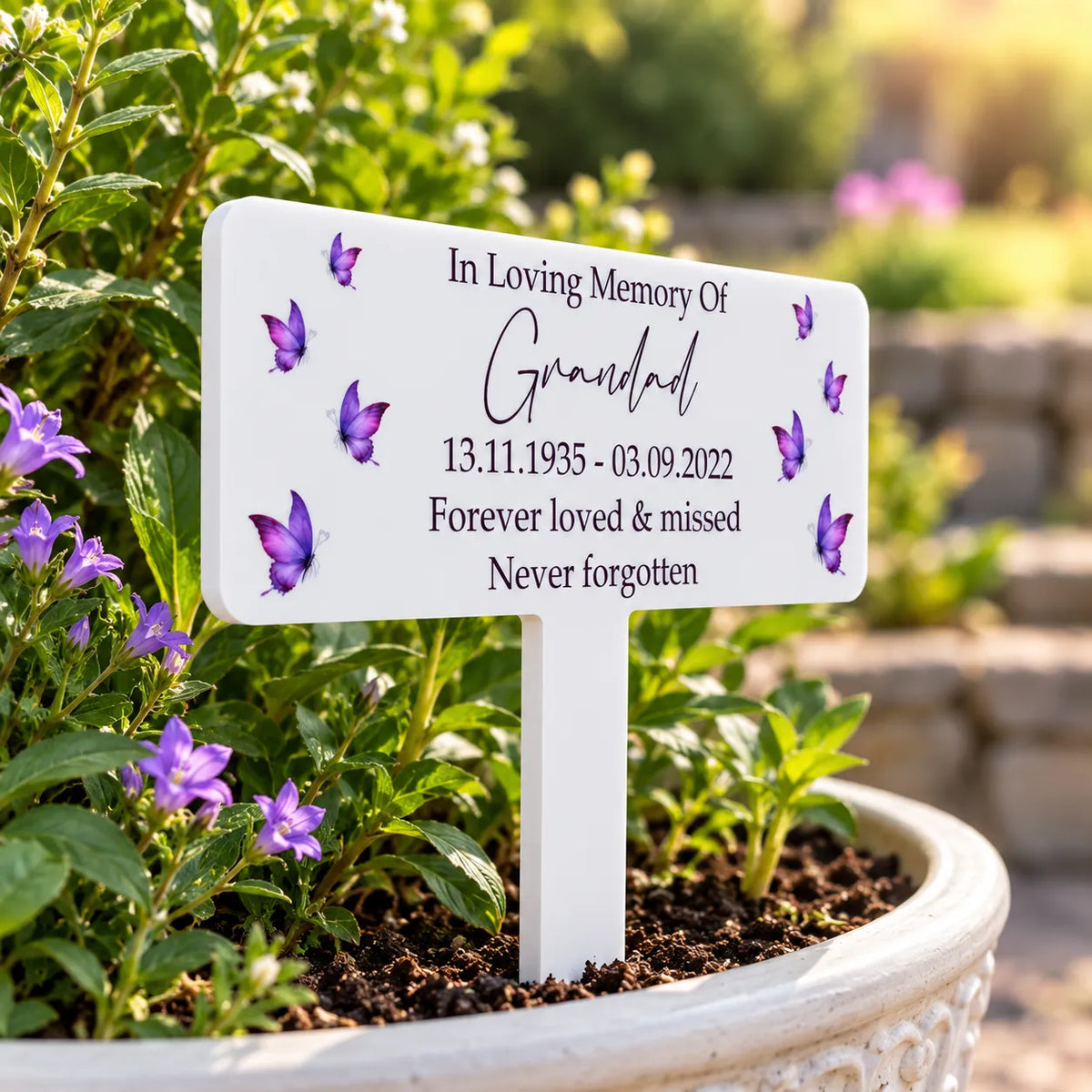 Acrylic Purple Butterflies plant pot memorial plaque