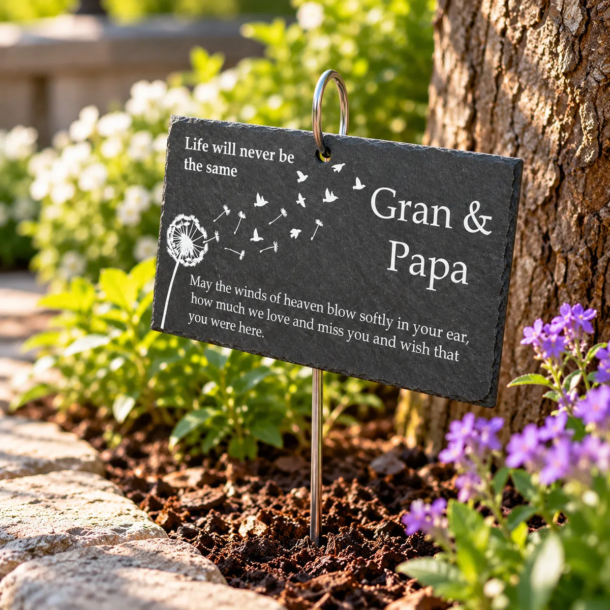 Dandelion Memorial Garden slate plaque with hanging hook