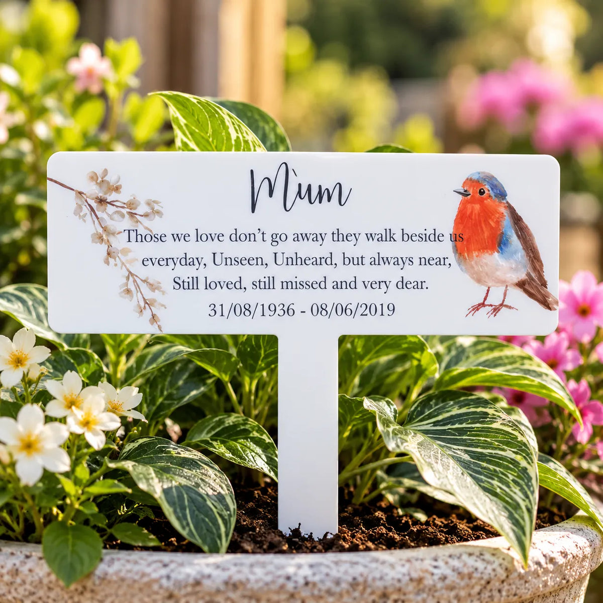 Acrylic Robin plant pot memorial plaque