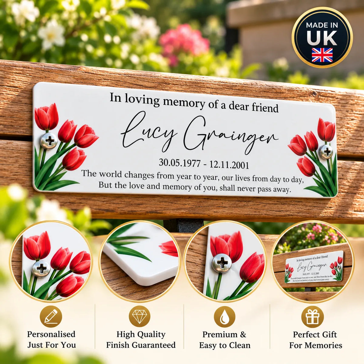 Acrylic tulip bench memorial plaque