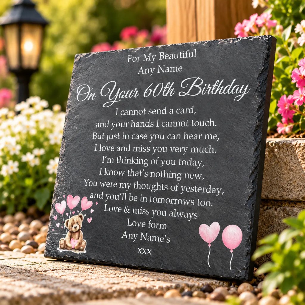 Bear Birthday Memorial plaque 3 Pink Balloons