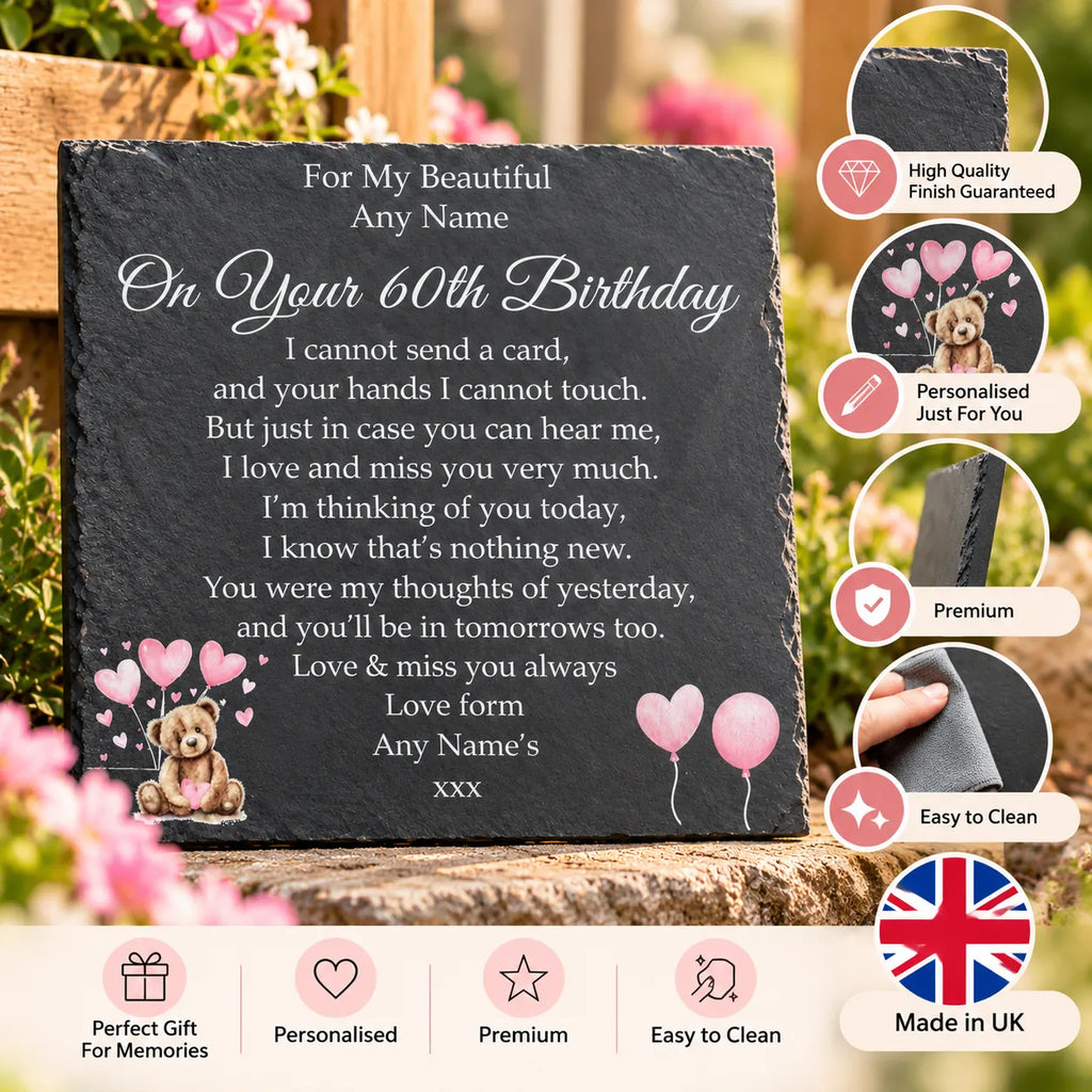 Bear Birthday Memorial plaque 3 Pink Balloons