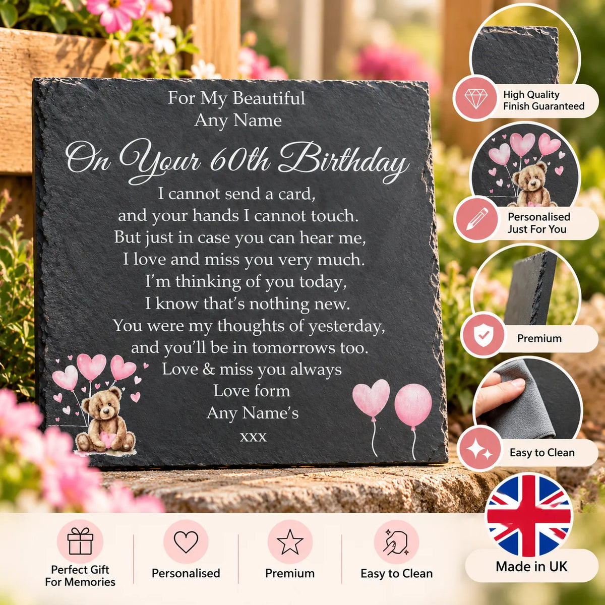 Bear Birthday Memorial plaque 3 Pink Balloons