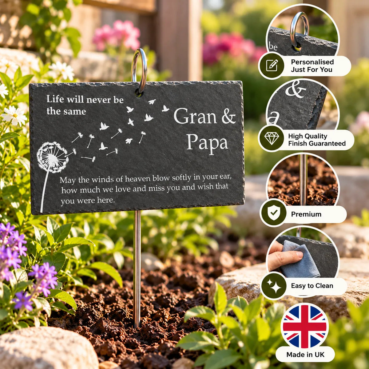 Dandelion Memorial Garden slate plaque with hanging hook