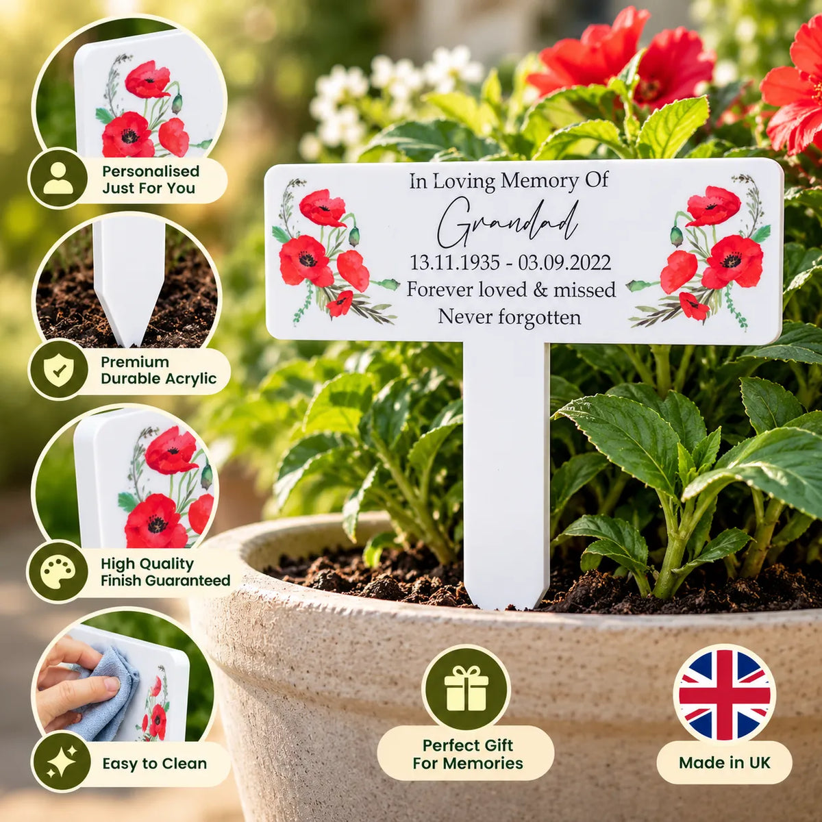 Acrylic Poppy plant pot memorial plaque