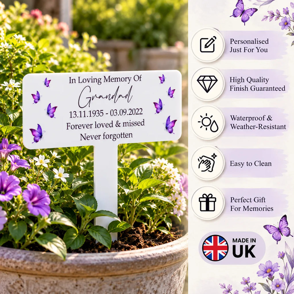 Acrylic Purple Butterflies plant pot memorial plaque