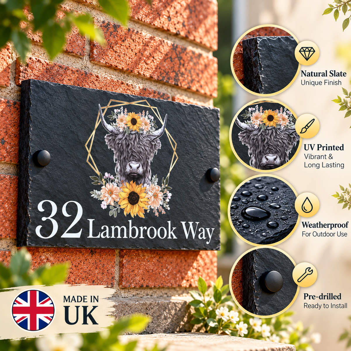 Highland cow slate house sign