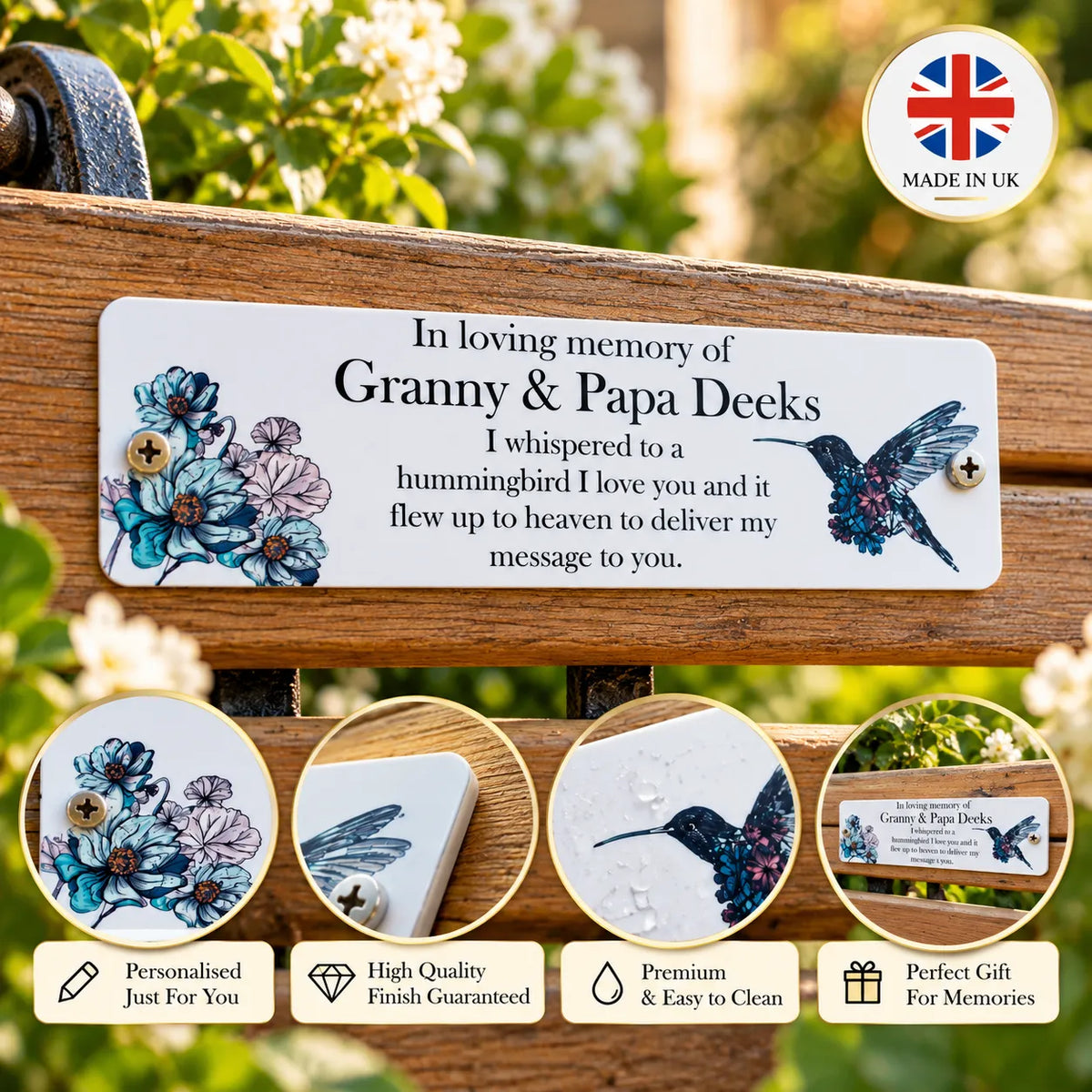 Acrylic hummingbird bench memorial plaque