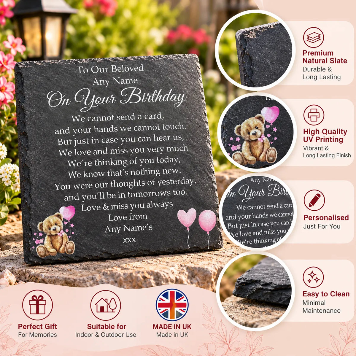 Bear Birthday Memorial plaque Pink Balloons