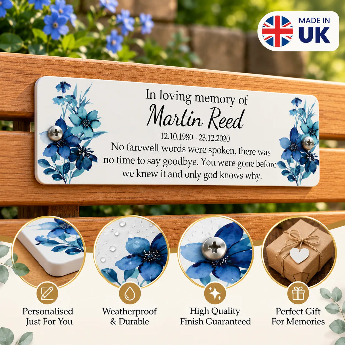 Acrylic blue floral  bench memorial plaque