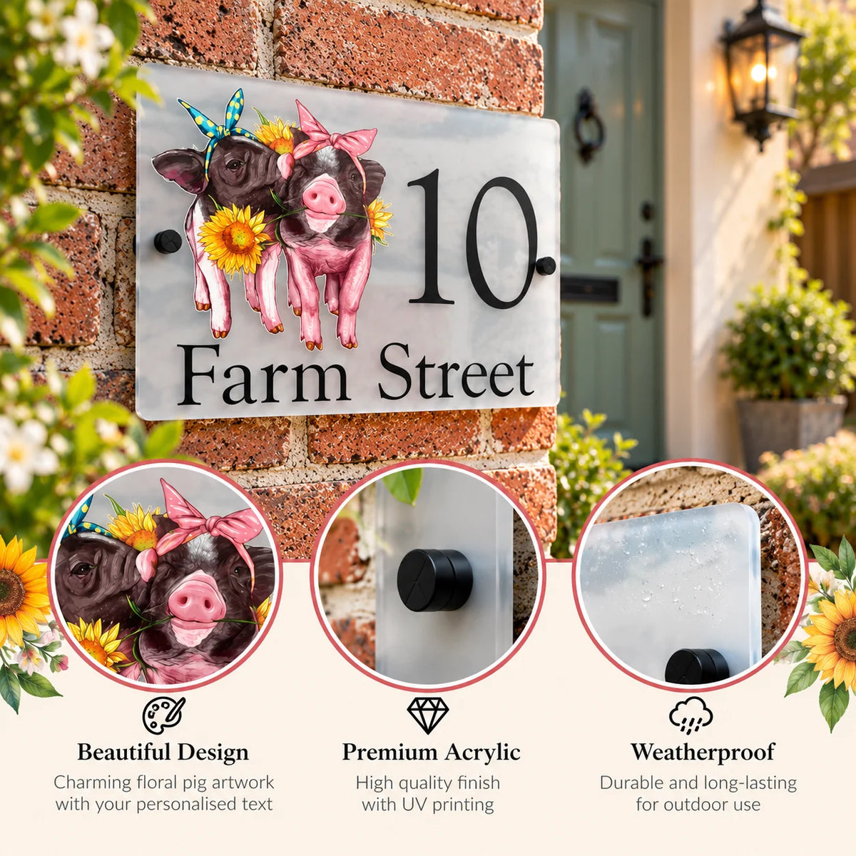 Floral pig acrylic house sign