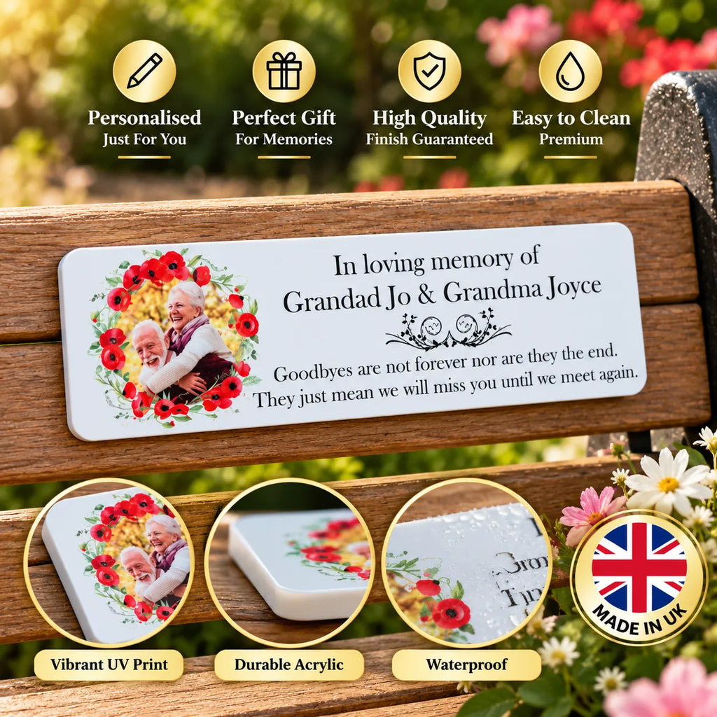 Acrylic poppy wreath bench memorial plaque