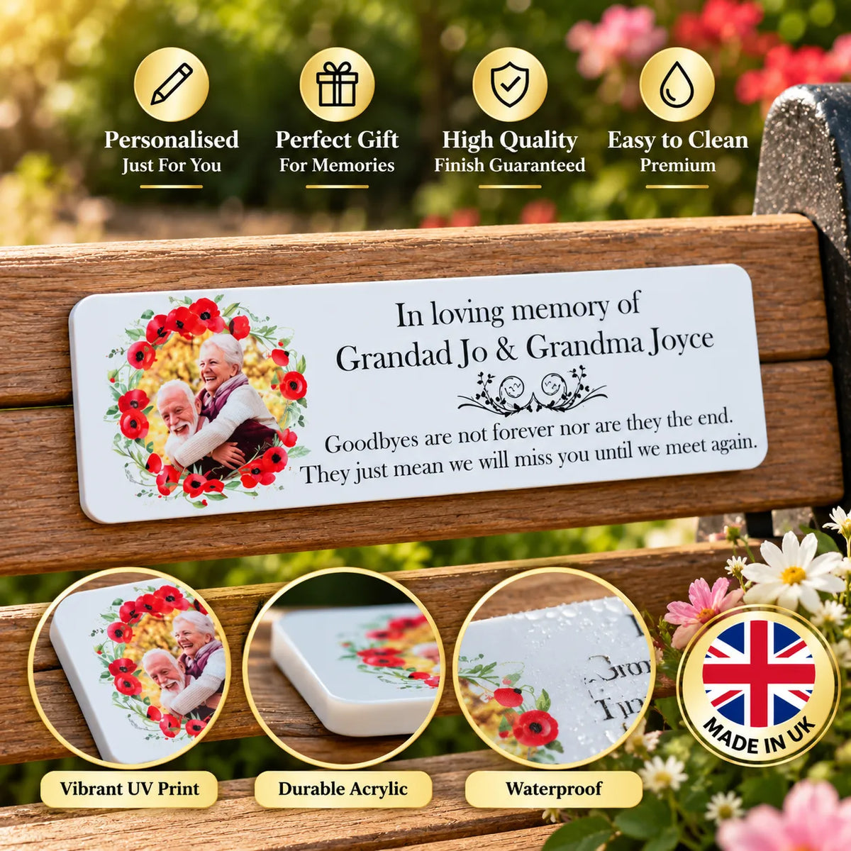 Acrylic poppy wreath bench memorial plaque