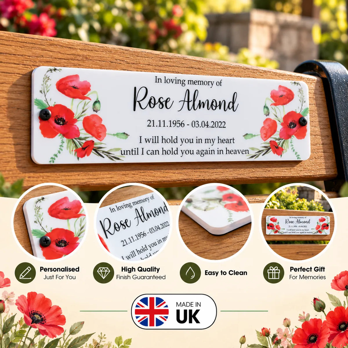 Acrylic poppy bench memorial plaque