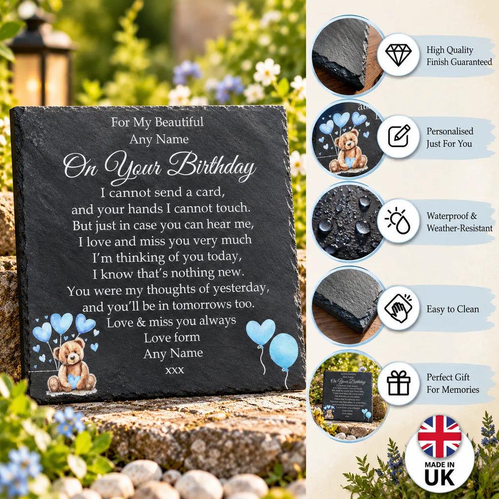 Bear Birthday Memorial plaque 3 Blue Balloons