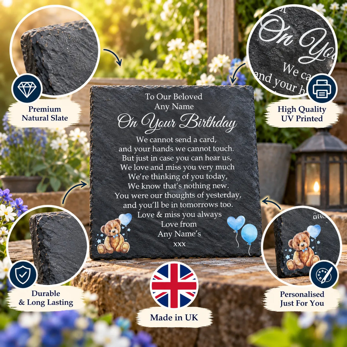 Bear Birthday Memorial plaque Blue Balloons