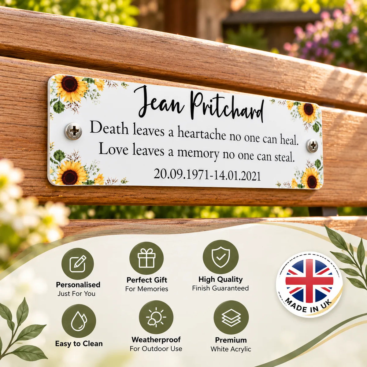 Acrylic sunflower bench memorial plaque