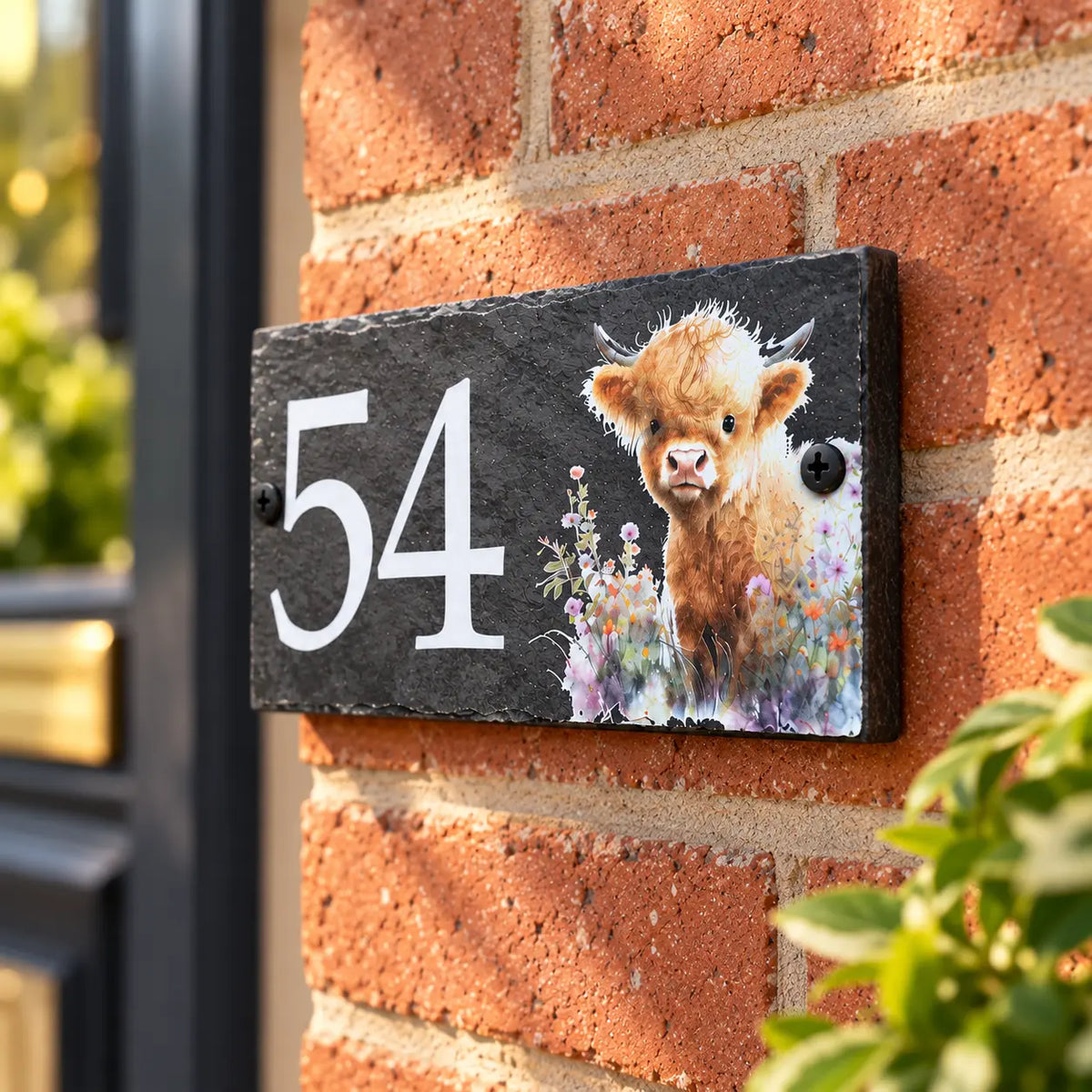 Number slate house sign floral highland cow small