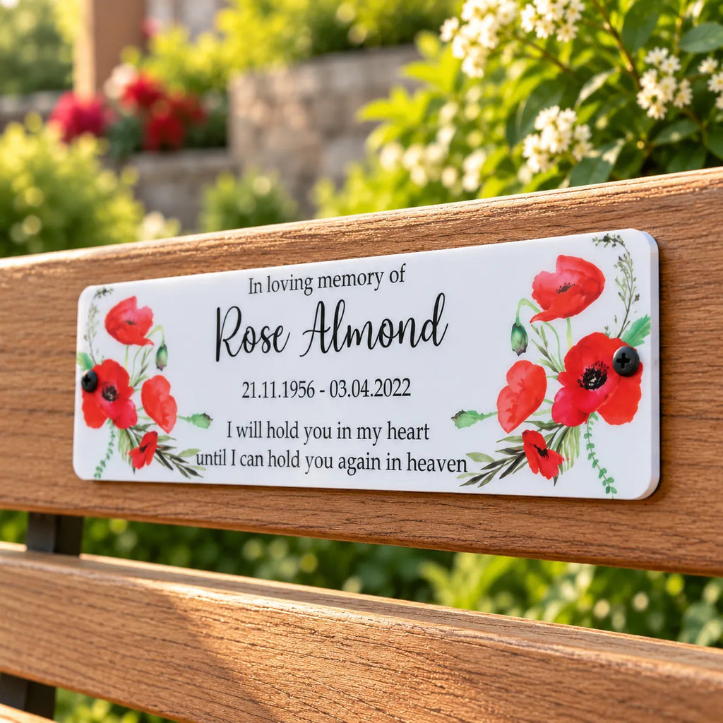 Acrylic poppy bench memorial plaque